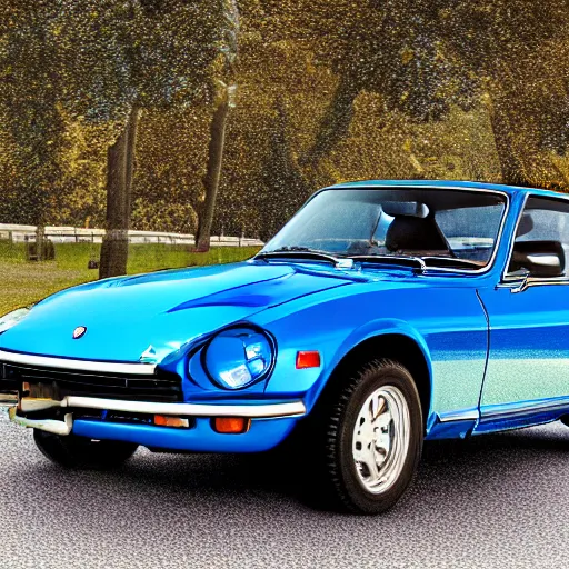 Image similar to a photorealistic image of a blue 1975 Datsun 260Z