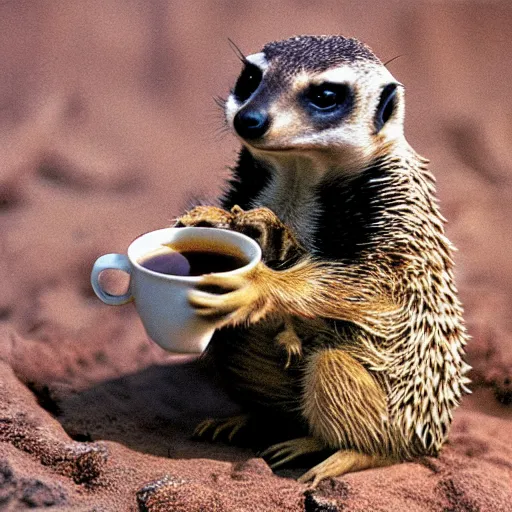 Image similar to meerkat with hedgehog drinking coffee, cinematic, kodachrome