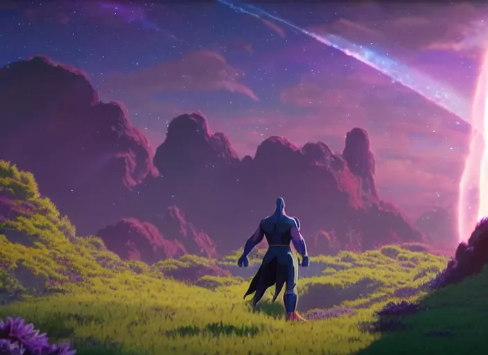 Image similar to a wholesome animation key shot of thanos, studio ghibli, pixar and disney animation, sharp, rendered in unreal engine 5, clear sky, anime key art by greg rutkowski, bloom, dramatic lighting