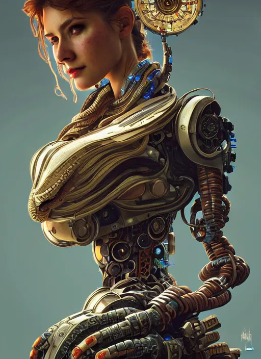 Prompt: portrait of a snake, robot steampunk, floral! horizon zero dawn machine, intricate, elegant, highly detailed, ray tracing, digital painting, artstation, concept art, smooth, sharp focus, illustration, art by artgerm and greg rutkowski and alphonse mucha, 8 k