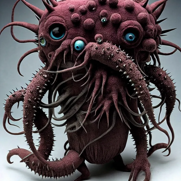 Image similar to photo of cute plush fluffy chibi monster with spikes, tentacles, and many eyes. made by giger, wayne barlowe, dariusz zawadzki, zdzislaw beksinski