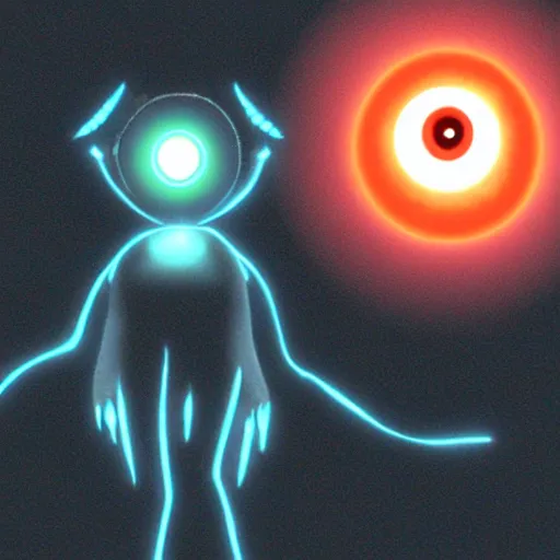 Image similar to GLaDOS as a lovecraftian god, orange glowing eye