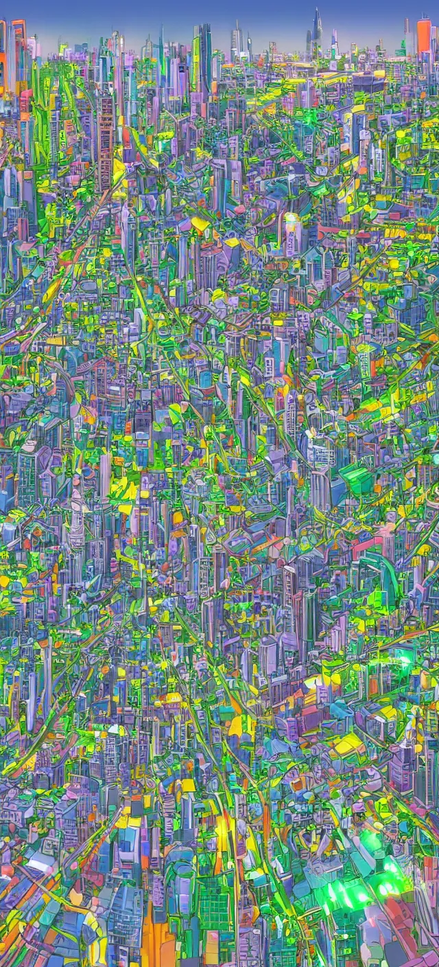 Image similar to a futuristic cityscape by bruno mangyoku, colorful, wide greenways