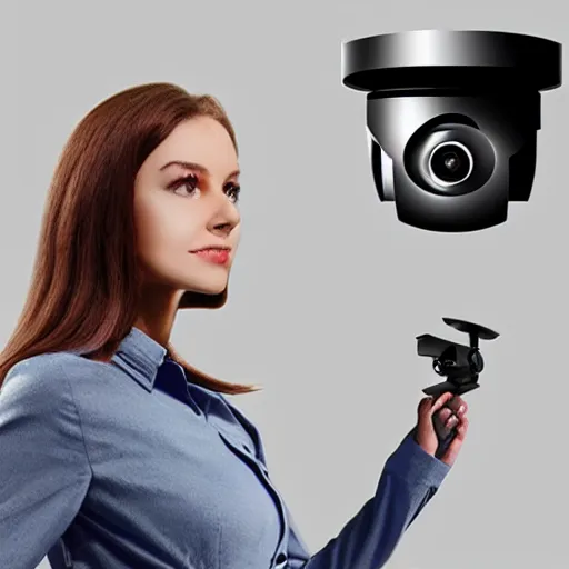 Prompt: the goddess of security cameras. anthropomorphic woman security camera hybrid. futuristic religious