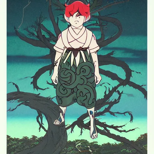 Prompt: a viscerous hyperdetailled character design illustration of the tiny boy in a giant world, scales, size, huge, wanderer in the tree universe, style of studio ghibli, artgerm ( ukiyo - e influence )