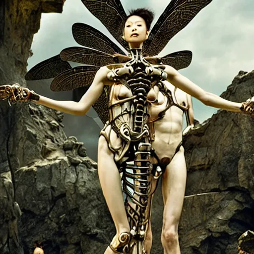 Prompt: still frame from Prometheus movie by Makoto Aida, biomechanical dragonfly angel gynoid, metal couture by neri oxmn and Guo pei, editorial by Malczewski and by Caravaggio