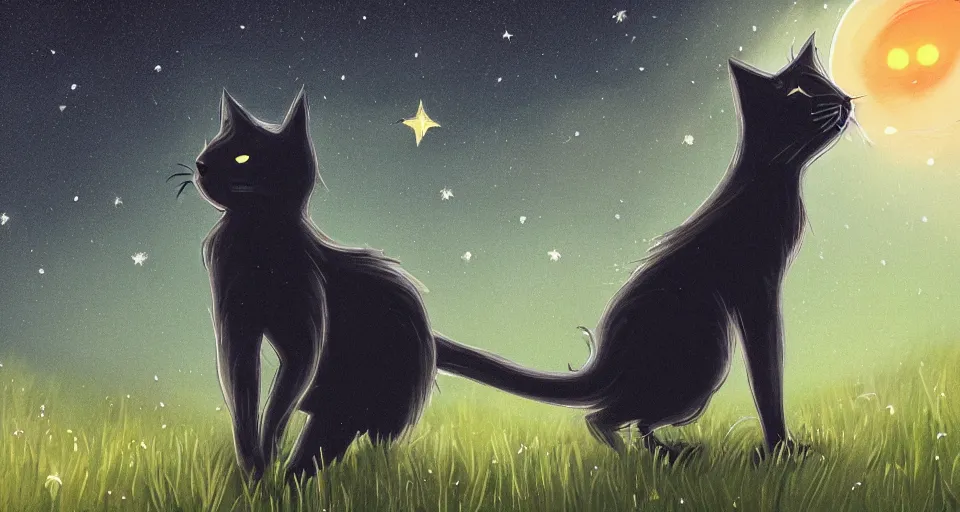 Prompt: black cat with glowing eyes walking around in a dark open field at midnight with fireflies in the air and lots of stars in the sky, digital painting, highly detailed, magical, trending on artstation