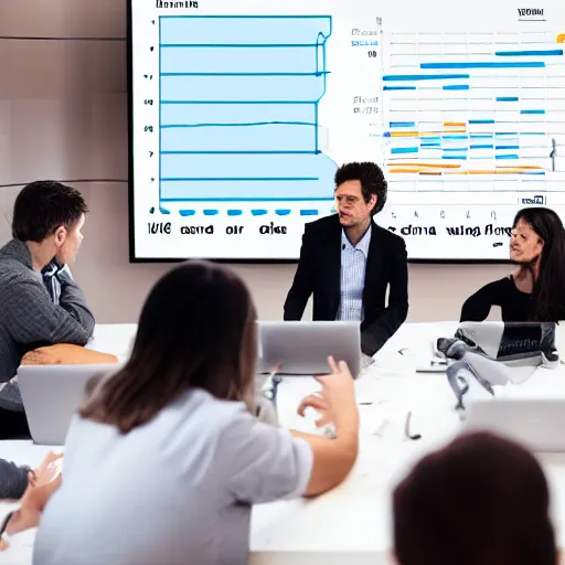 Image similar to An award-winning photograph of a group of data scientists presenting some terrible graphs to the laughing CEO