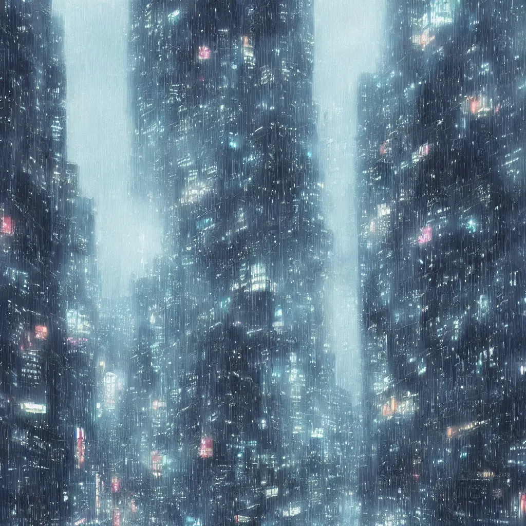 Image similar to beautiful raining anime cityscape by makoto shinkai, tall buildings and grey fog, trending on pixiv