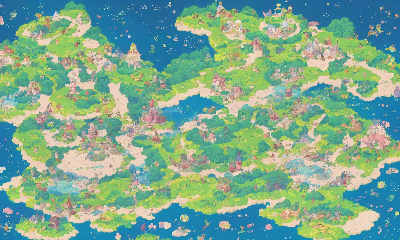 Image similar to a map of a fantasy land, a storybook illustration, featured on behance, magical beautiful landscape, 2 d game art by chiho aoshima, by studio ghibli