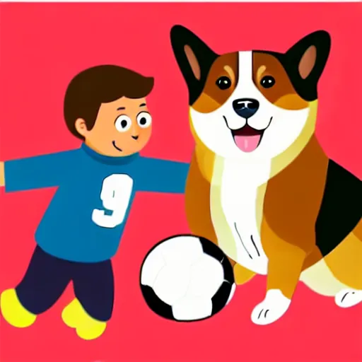 Image similar to illustration of french boy playing football with a corgi wearing a polka dot scarf in paris