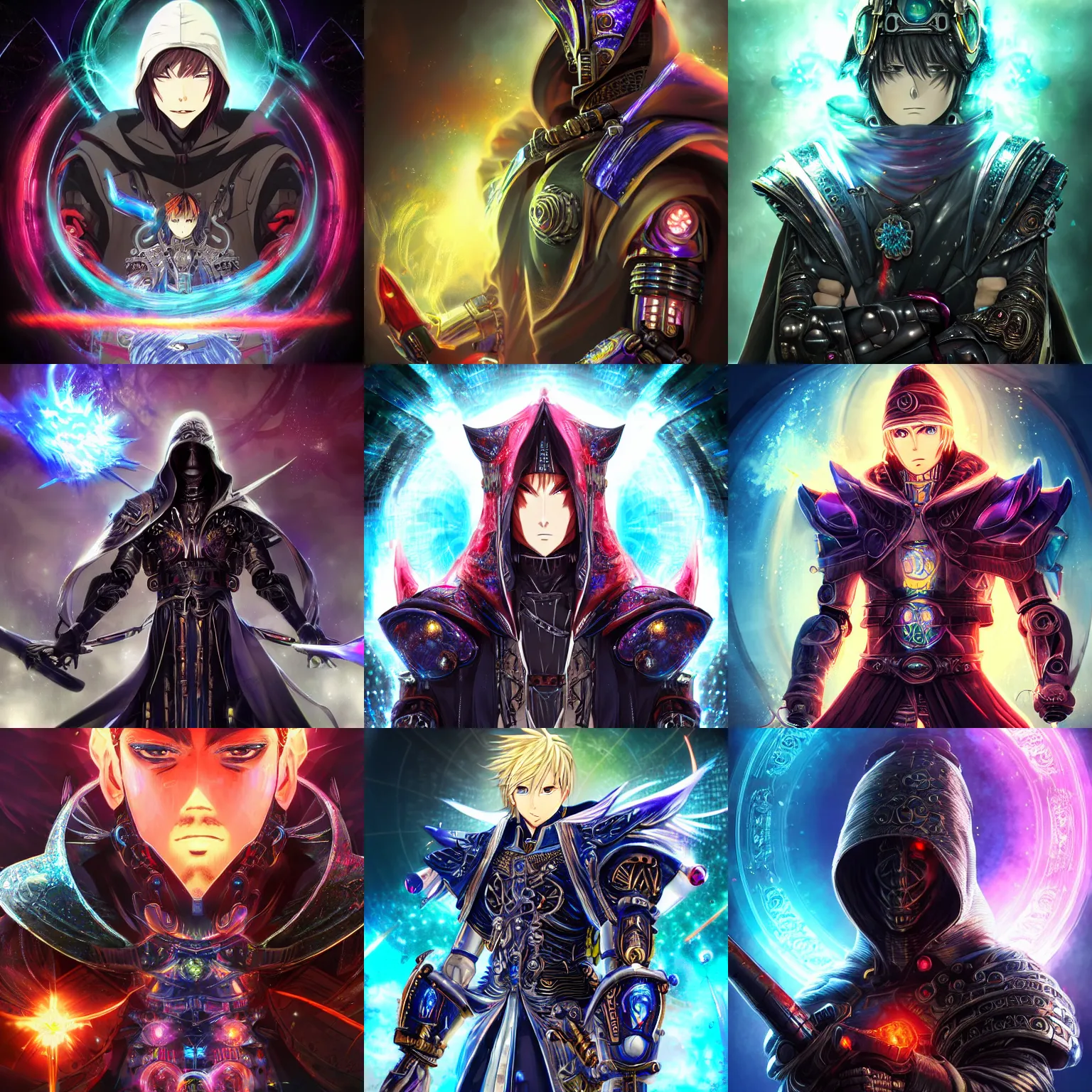 Prompt: 2.5D CGI anime fantasy portrait artwork of a hooded intricate cybernetic sorcerer warrior character with high quality glistening beautiful colors, rich moody atmosphere, reflections, specular highlights, omnipotent, megastructure realistic detailed background, brandishing iridescent cosmic weapons, colourful 3D crystals and gems, gritty smoke burst, portrait in the style of Makoto Shinkai and Greg Rutkowski