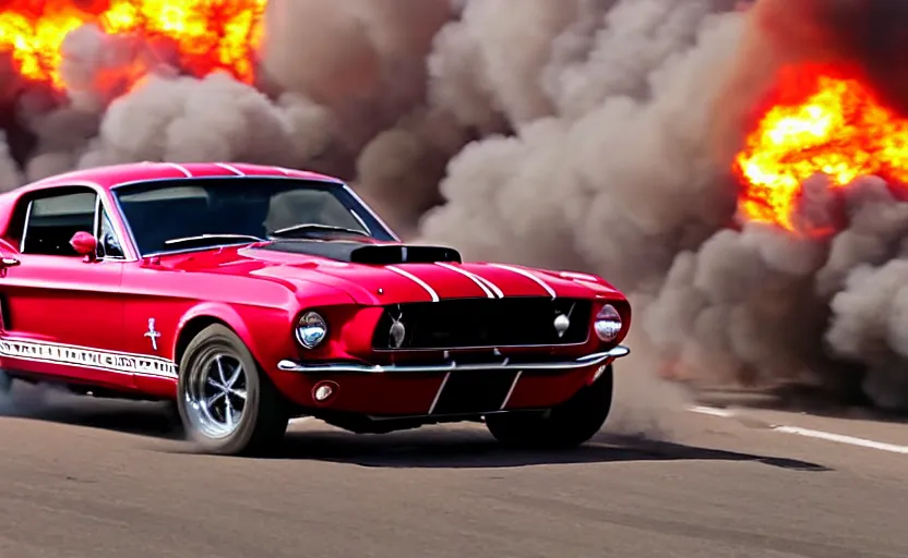 Prompt: a red 1 9 6 8 ford mustang shelby gt 5 0 0 driving high speed, fire explosion in the background, action scen. realistic. high resolution. dramatic