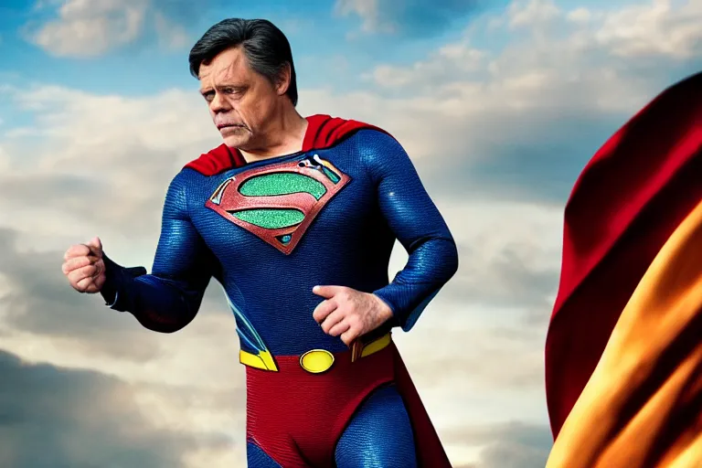 Image similar to promotional image of mark hamill as superman in the new superman movie, detailed face, movie still frame, promotional image, imax 70 mm footage