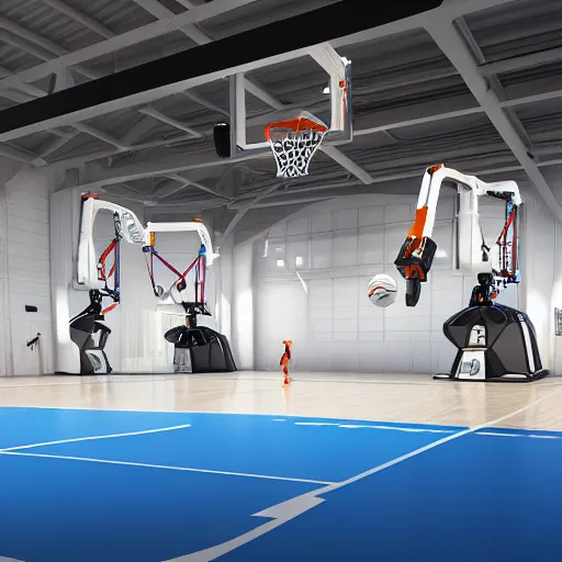 Image similar to three large white glossy kuka industrial robot arms playing basketball in a gym, global illumination, artstation, fantasy