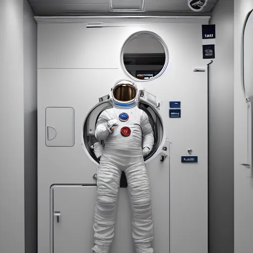 Image similar to a beautiful photo of an astronaut waiting in an self-service automatic laundry room, soft light, morning light, photorealistic, realistic, octane, 8k, cinematic shot