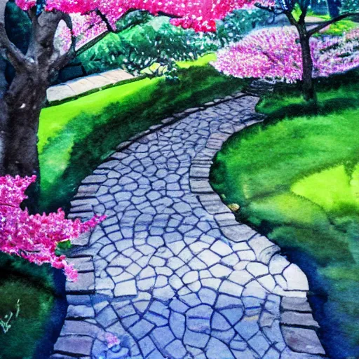 Prompt: Japanese garden, cherry blossom, cobblestone path, watercolor painting