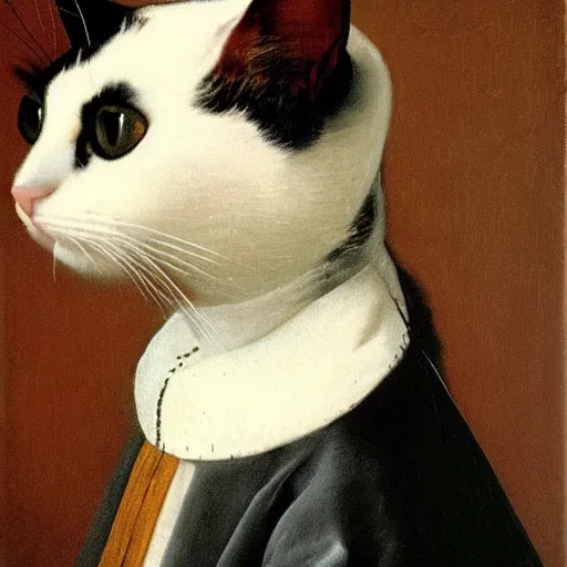 Prompt: portrait of a cat in a tuxedo by jan vermeer