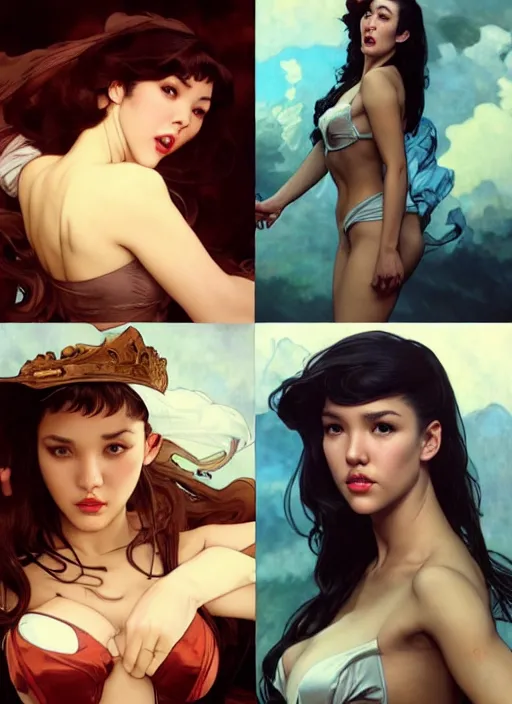 Image similar to intense fan art concept art by artgerm, tooth wu, bierstadt, gurney, stalenhag and alphonse mucha. an incredible collage of countless pin - ups of jessica alba as betty page in every form, contour light effect!! 8 k, stage light. octane render. smooth. sharp edge. ultra clear detailed, full body various poses!!