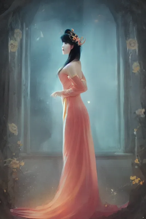 Prompt: chinese princess in a long silk dress, from backside, up shot, highly detailed art, cinematic atmosphere, volumetric lighting, glow, trending on artstation, by wlop, by le vuong, by tom bagshaw