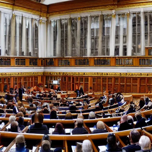 Prompt: The Dutch parlement filled with monkeys.