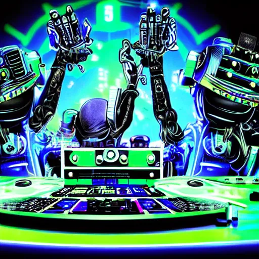 Image similar to album art for a dj, the album is called : dj roborock, big letters dj roborock, 3 steampunk robot heads with robot arms on a dj desk with a cd mixer, 8 k, fluorescent colors, halluzinogenic, multicolored, exaggerated detailed, front shot, 3 d render, octane