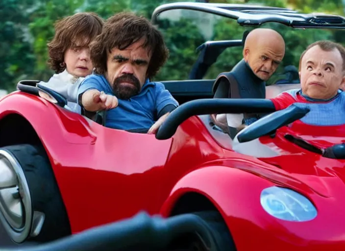 Prompt: peter dinklage and warwick davis driving a little tikes cars, movie still, from the new fast and furious movie, 8 k, realistic