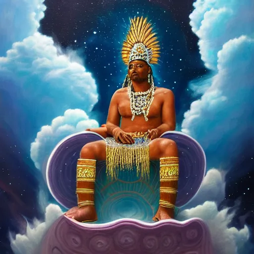 Prompt: obatala the cosmic god sitting on a throne of nebula clouds, by Alastair Magnaldo and Adi Granov, oil on canvas, orisha, 8k, hd