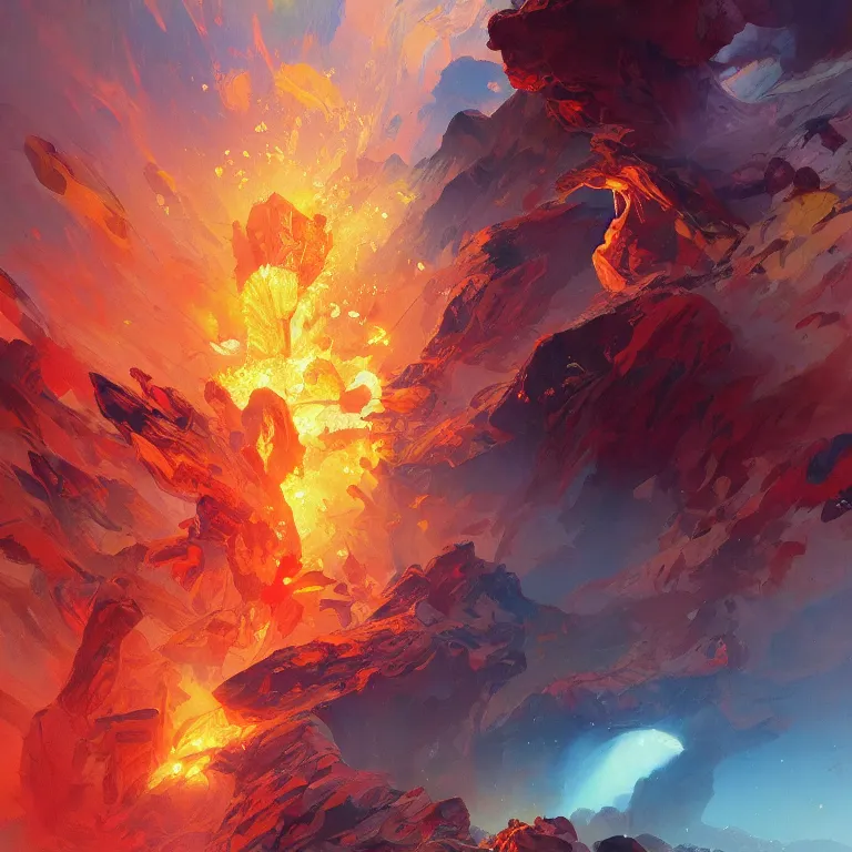 Prompt: fine art painting of a volcano erupting an abstract explosion of vibrant color, artstation, cgsociety, very detailed, intricate, detailed illustration, by artgerm and greg rutkowski and alphonse mucha, sharp, smooth, masterpiece, stunning