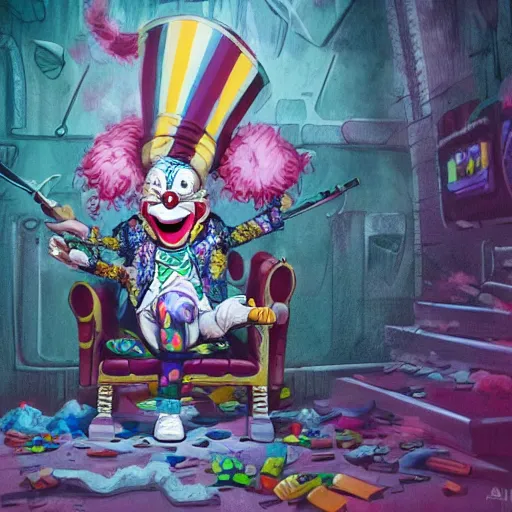 Image similar to krusty the clown wearing bizarre clown makeup, and intricate clown costume, sitting on a throne in an abandoned subway, by rossdraws, vivid colors, studio lighting, digital artwork, uhd, best of artstation