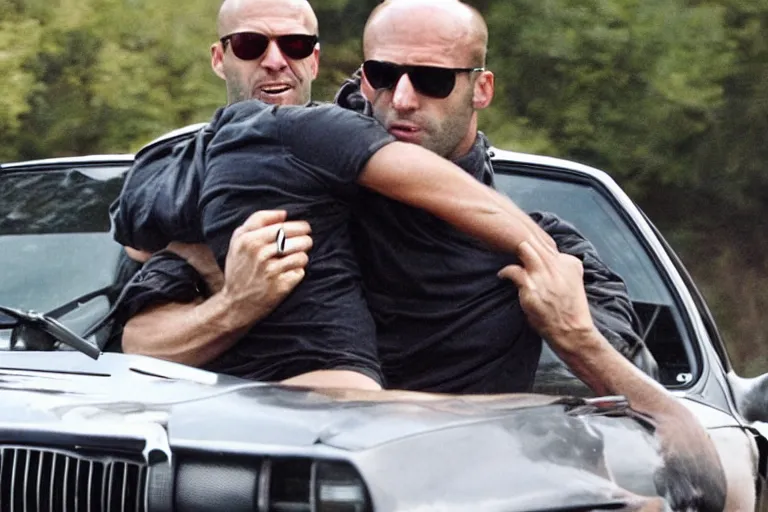 Image similar to Angry Jason Statham lifts BMW e30 in his arms,