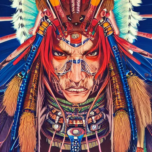 Prompt: portrait of crazy native american, symmetrical, cinematic colors, by yoichi hatakenaka, masamune shirow, josan gonzales and dan mumford, ayami kojima, takato yamamoto, barclay shaw, karol bak, yukito kishiro