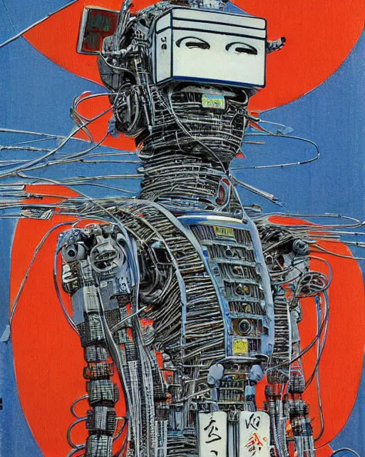 Image similar to Hiroshige portrait of a robot saint made of cables and robotic pod by John Berkey