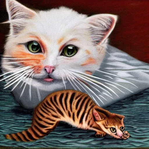 Image similar to hybrid cat and sturgeon, unusual animal, quality art in color