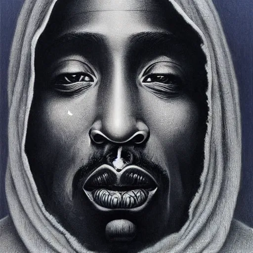 Image similar to Tupac Shakur by Zdzisław Beksiński and H.R. Giger