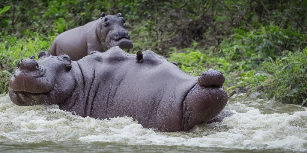 Image similar to nature photographer's photo of a hippo with in a river in the jungle, attacking the photographer. extremely high detail, ominous natural lighting