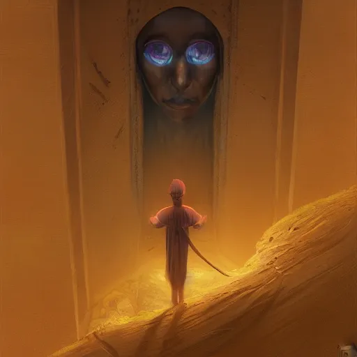 Prompt: eyeless watcher, dutiful return, golden age seraph bunkers, art by Agnes Lawrence Pelton and Marc Simonetti, high detail, cinematic, cgsociety 8k