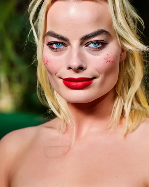 Image similar to A portrait of a margot robbie in a cosplay uniform, piercing eyes, highly detailed, bokeh, professional photograph, full body shot 4K, HD