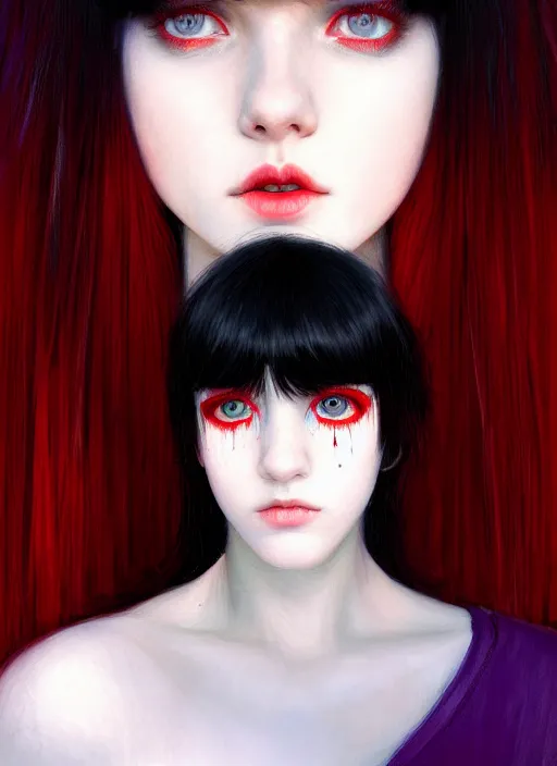 Image similar to portrait of teenage girl, red irises, red eyes, black hair, white bangs, purple clothes, white bangs, bangs, black hair and white bangs, intricate, elegant, glowing lights, highly detailed, digital painting, artstation, concept art, smooth, sharp focus, illustration, art by wlop, mars ravelo and greg rutkowski