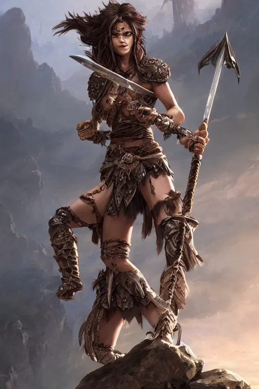 Prompt: Female barbarian, heavy brown metallic armor, swords, gorgeous and beautiful, light brown messy hair, dark skin, brown eyes, detailed face, battle stance, high fantasy, extremely detailed, alone, standing on a rock, DND, D&D, matte painting, by wlop and peter mohrbacher, trending on artstation, artstationHD, artstationHQ