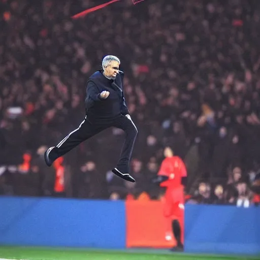 Prompt: close photograph, jose mourinho jumping in the sky shooting lasers, beautiful picture