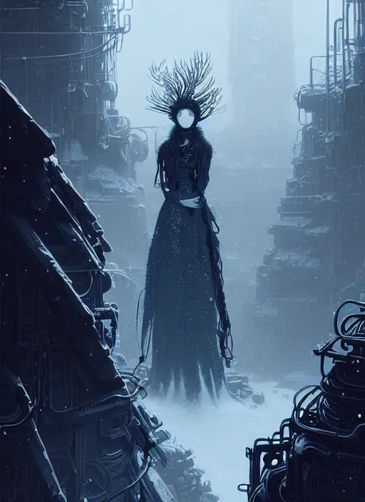 Image similar to highly detailed portrait of a frostpunk long curly white hair tribal lady, stray wiring by atey ghailan, james gilleard, by joe fenton, by greg rutkowski, by greg tocchini, by kaethe butcher, 4 k resolution, gradient blue, black and white color scheme!!! ( ( glaciated robotic dystopian city background ) )