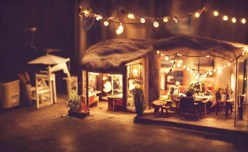 Prompt: mini cafe diorama macro photography, cafe for felted animals, ambient, atmospheric photograph, string lights, romantic