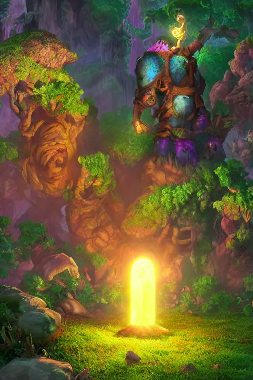 Image similar to arcane fantasy art giant golem elemental wood rock bastion forged gemstone enchanted forest troll, global illumination ray tracing hdr fanart arstation by sung choi and eric pfeiffer and gabriel garza and casper konefal lisa frank zbrush central hardmesh radiating a glowing aura