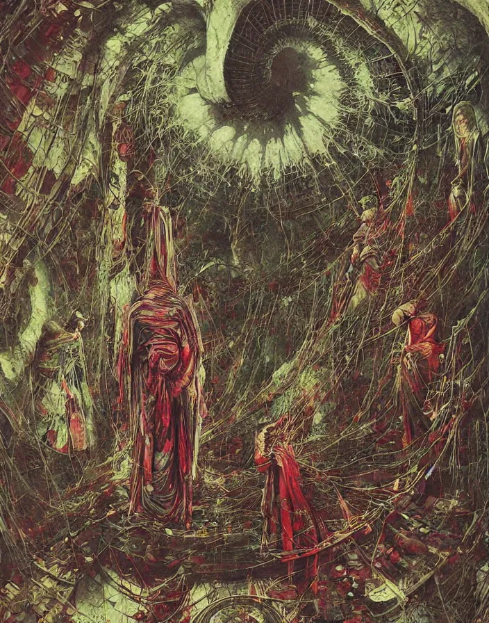 Image similar to worshippers in robes ascend a spiral staircase, spiral staircase, interior, high detailed beksinski painting, part by adrian ghenie and gerhard richter. art by takato yamamoto. masterpiece, deep colours