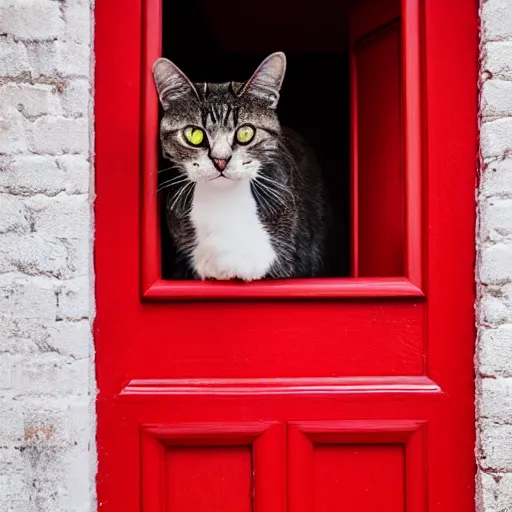 Image similar to a cat peaking behind the red door, professional photography