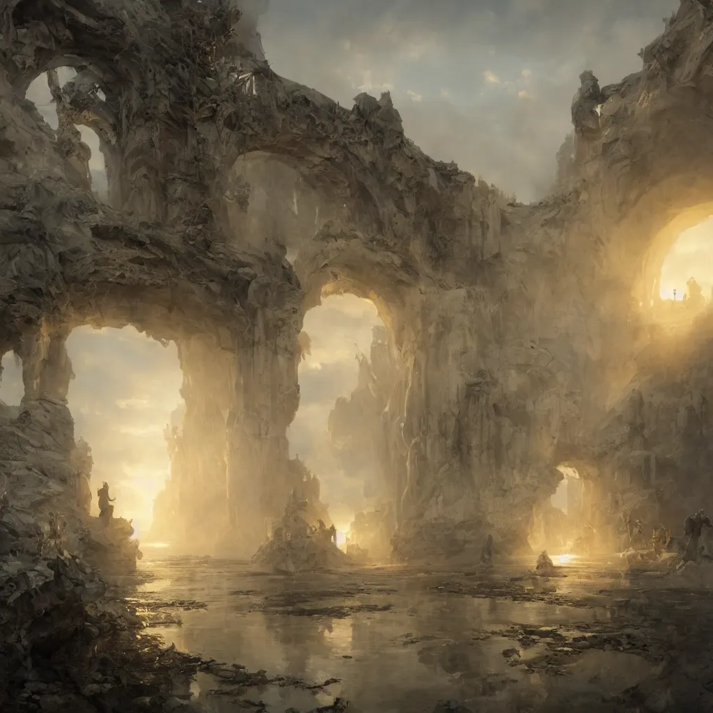 Image similar to gates of heaven, volumetric lighting, 8 k octane beautifully detailed render, post - processing, extremely hyper - detailed, intricate, epic composition, cinematic lighting, masterpiece, trending on artstation, detailed detailed detailed, masterpiece, stunning art by anders zorn, wonderful masterpiece by greg rutkowski, beautiful cinematic light,