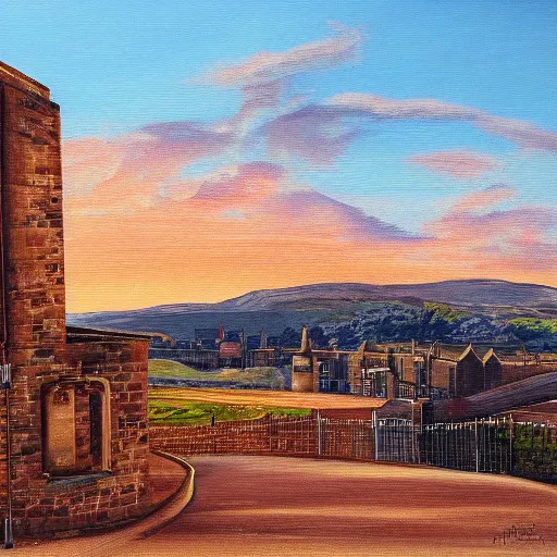 Prompt: a beautiful painting of Holyrood Distillery and Arthur's Seat in Edinburgh, brick building, golden hour, copper stills, whisky, trending on artstation