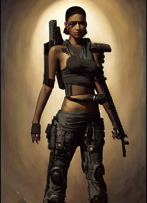 Prompt: Katana. beautiful cyberpunk soldier wearing a military vest and military jumpsuit (cyberpunk 2077). gorgeous african face. Iranian orientalist portrait by john william waterhouse and Edwin Longsden Long and Theodore Ralli and Nasreddine Dinet, oil on canvas. Cinematic, hyper realism, realistic proportions, dramatic lighting, high detail 4k