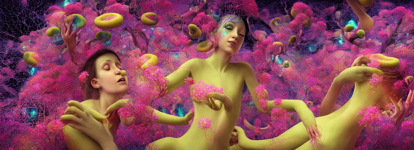 Prompt: hyper detailed 3d render like a Oil painting - Aurora (playful goddess) seen Eating of the Strangling network of kawaii yellowcake aerochrome and milky Fruit and Her delicate Hands hold of gossamer polyp blossoms bring iridescent fungal flowers whose spores black out the foolish stars by Jacek Yerka, Mariusz Lewandowski, Houdini algorithmic generative render, Abstract brush strokes, Masterpiece, Edward Hopper and James Gilleard, Zdzislaw Beksinski, Mark Ryden, Wolfgang Lettl, hints of Yayoi Kasuma, octane render, 8k